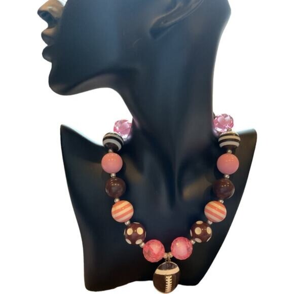 Chunky Beaded Pink & Brown Necklace With Football Pendant - Picture 5 of 5